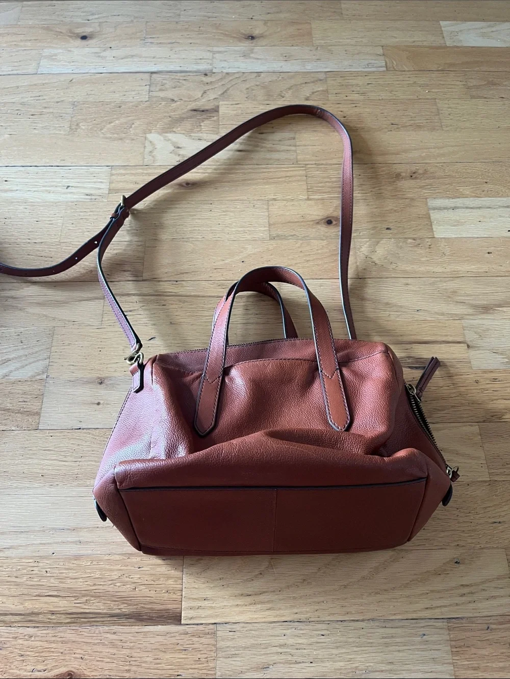 Fossil Leather Satchel in Warm Chestnut Brown